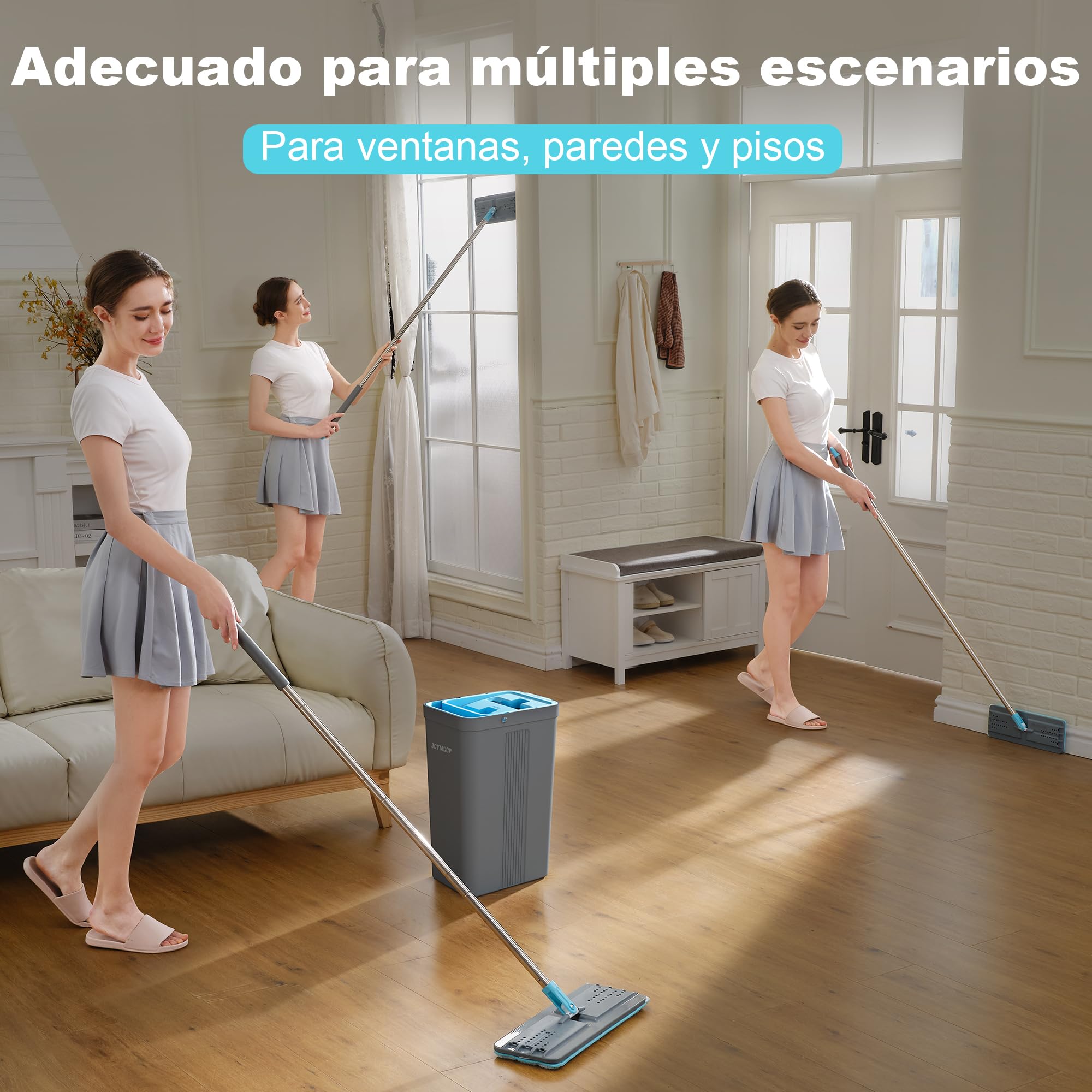 JOYMOOP Juego de fregona y Cubo con escurridor, fregonas para Limpieza de Suelos, Limpiador de fregona de Pared con Mango Largo, con 6 Almohadillas de Microfibra Reutilizables, Gris y Azul Cian