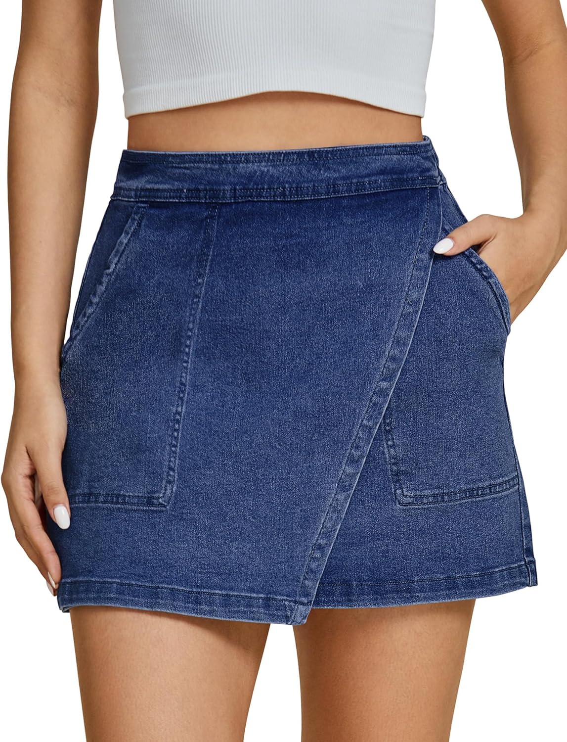 luvamia Jean Skirts for Women Denim Mini Trendy High Waisted Stretchy Asymmetrical Faux Wrap Short Skirt with Pockets
