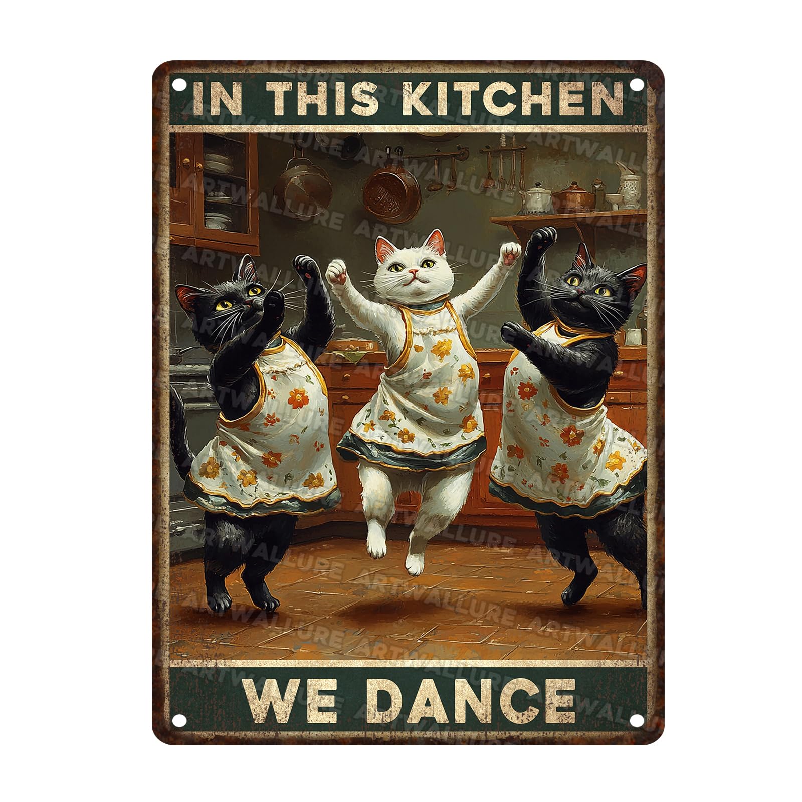 Funny Cats In This Kitchen We Dance Vintage Metal Sign Art Decor Wall Plaque for Home Kitchen Living Room Cafe Bar 12x16inch