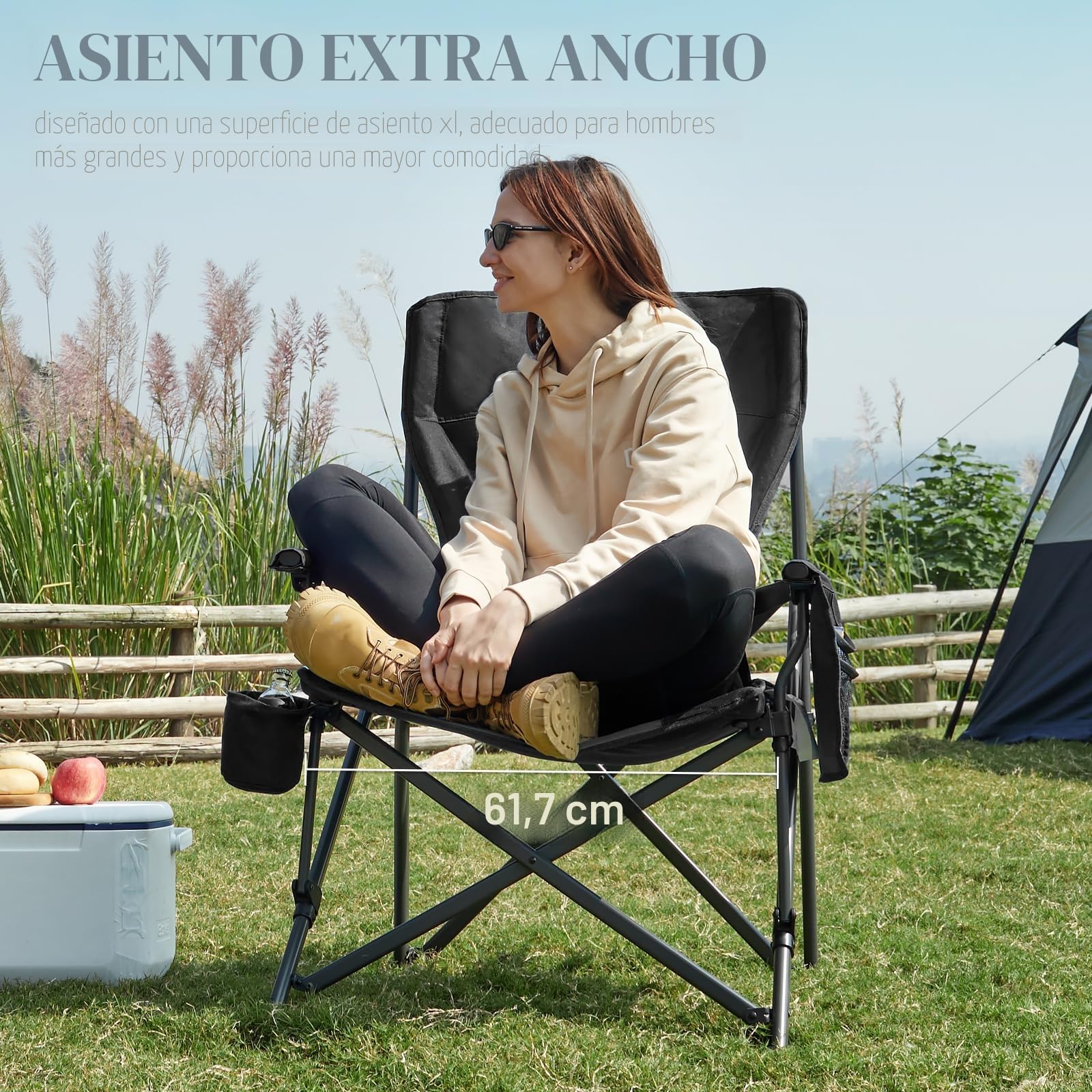 EVER ADVANCED Silla de Camping Plegable, soporta 230 kg, XL, Soporte Lumbar, Silla Plegable de 62 cm de Ancho con Bolsillo Lateral, Soporte para Bebidas, Silla Plegable de Gran tamaño, Silla de Pesca