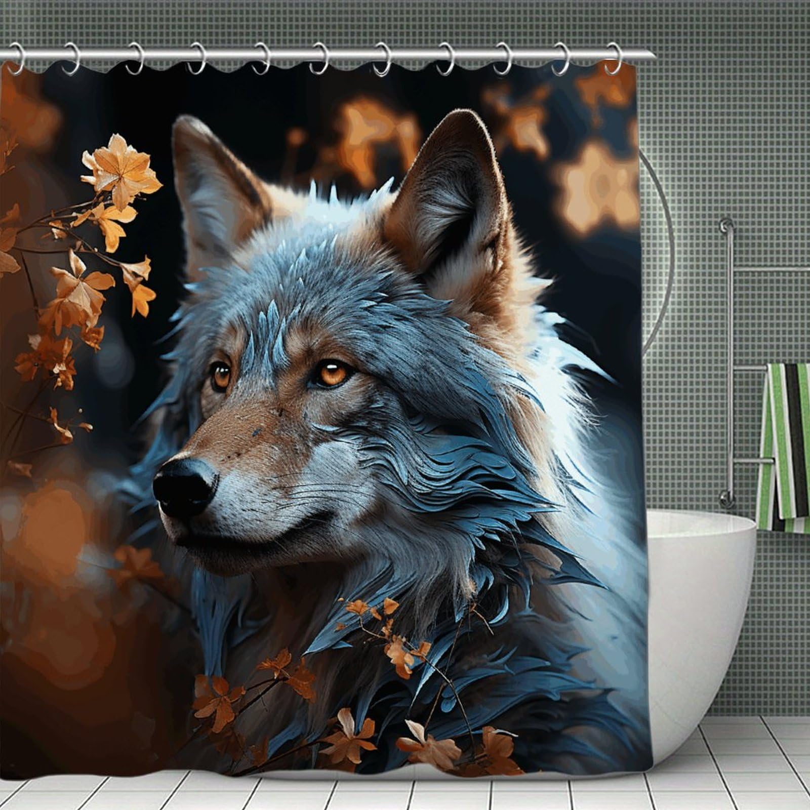 VstaDank Autumn Leaves and A Wolf Bath Curtain Elegant Heavy Duty Shower Curtains 70x70 in Rustic Farmhouse Cloth Shower Curtains Neutral Modern Bath Curtain for Bathroom