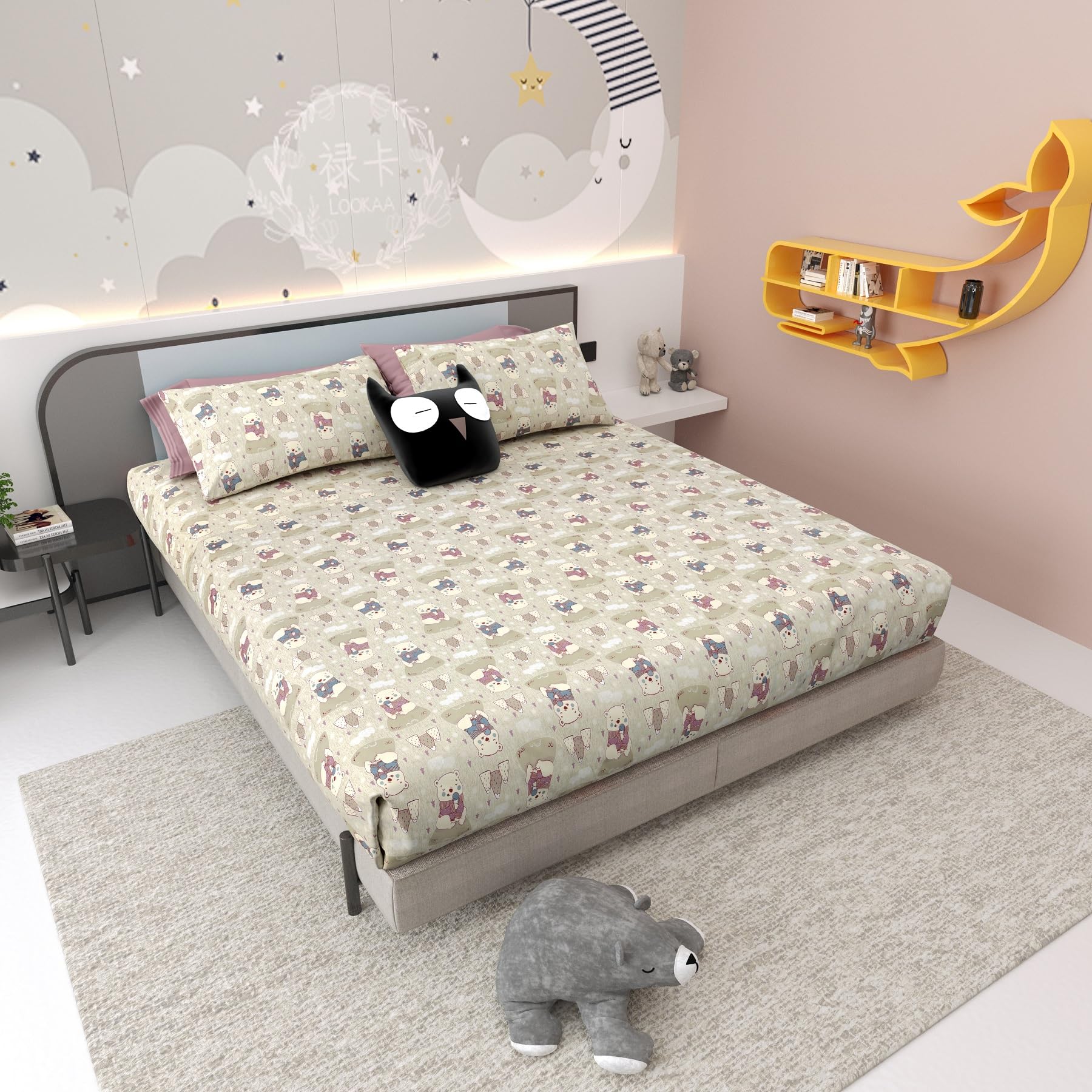 Cartoon Printed Premium Pure Cotton 300 TC King Size Bedsheet with 2 Pillow Cover, (100"x108" Inches), Pack of 1-picture-14