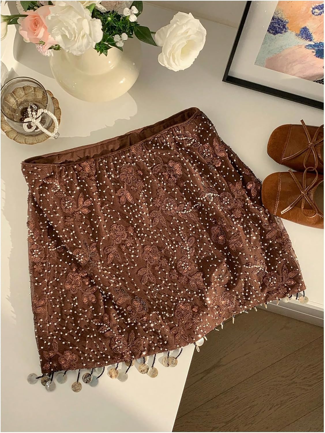 WDIRARA Women's Sequin Mini Skirt Sparkly Beaded Low Rise Bodycon Skirts - Image 5