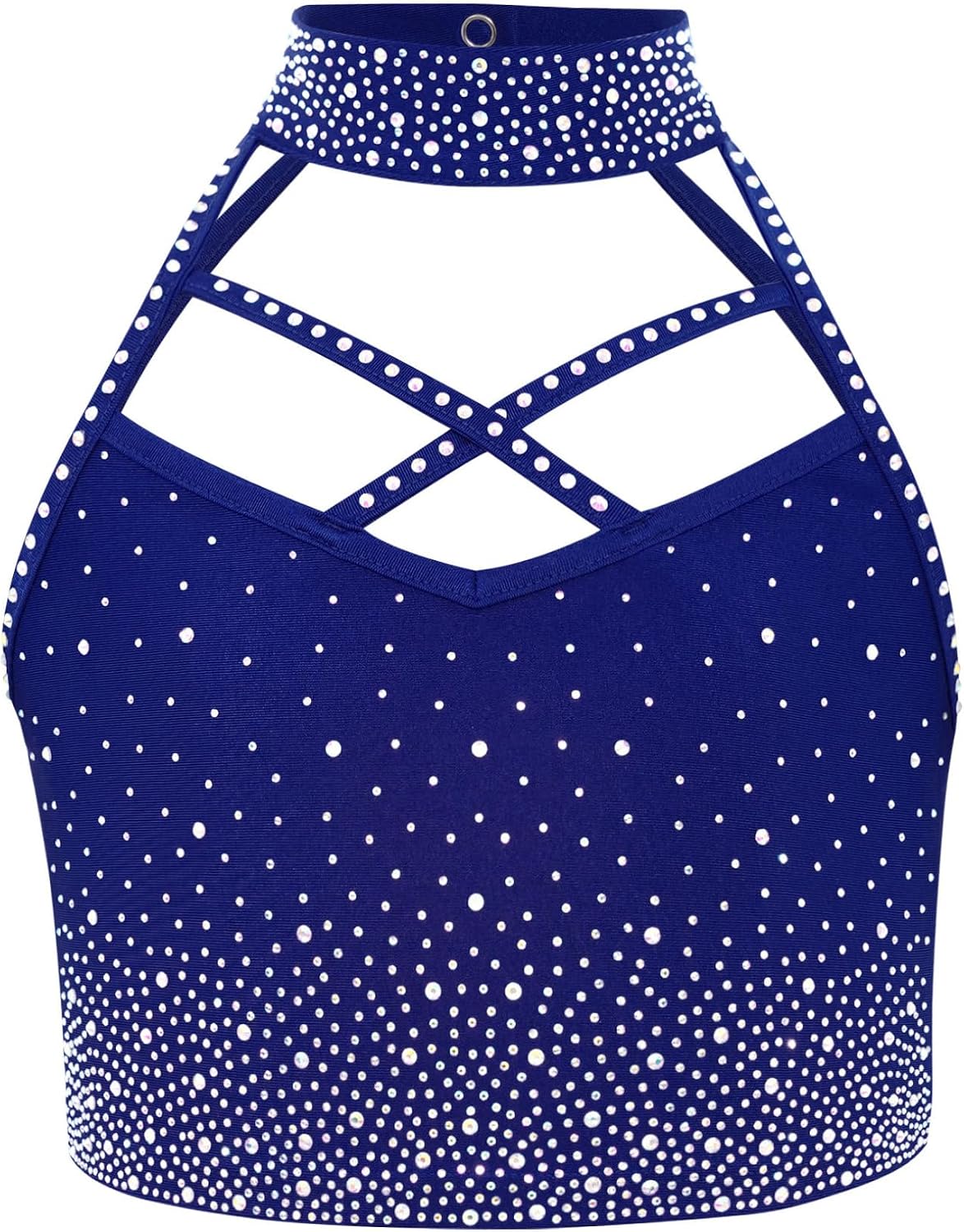 Freebily Kids Girls Sparkle Gymnastic Skating Costume Outfit Rhinestone Halter Top Elastic Waist Navy Blue 16 Years