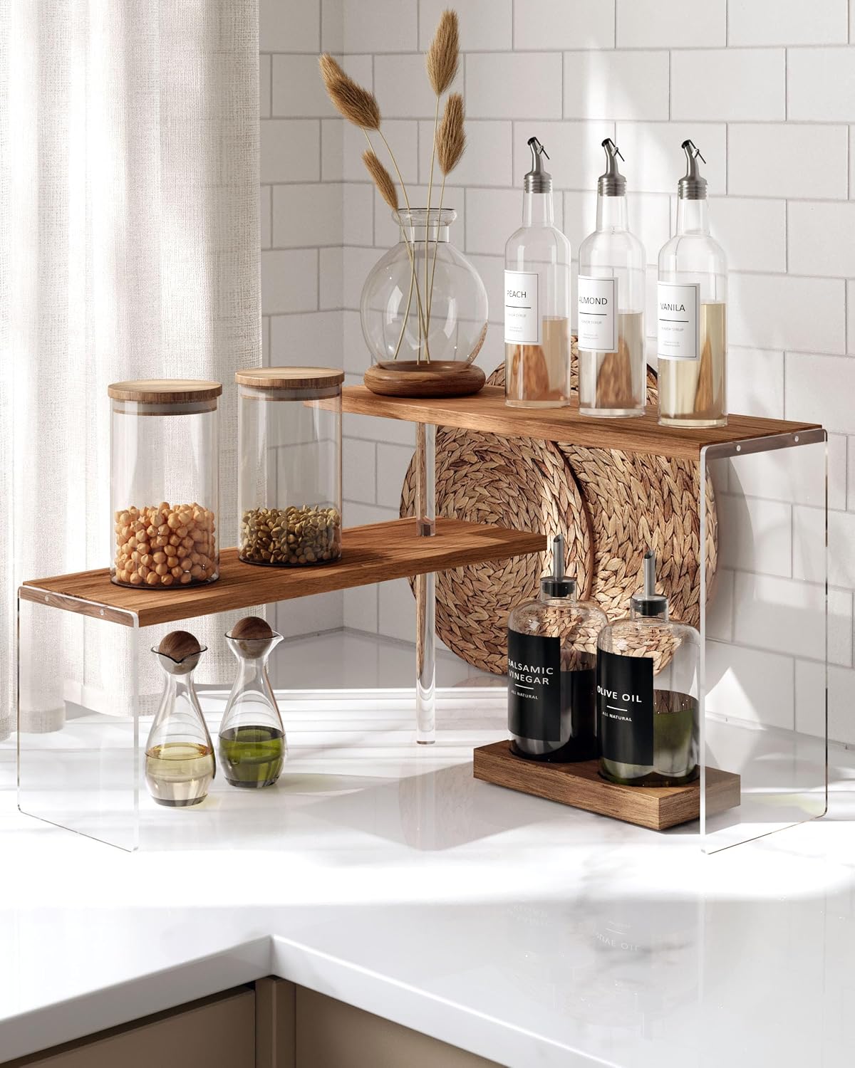 2 Tier Space-saving Retro Wooden-colored Kitchen Countertop Organizer, Corner Counter Shelf for Kitchen Storage，Spice Rack Cabinet Stackable Organization for Bathroom Office Bedroom