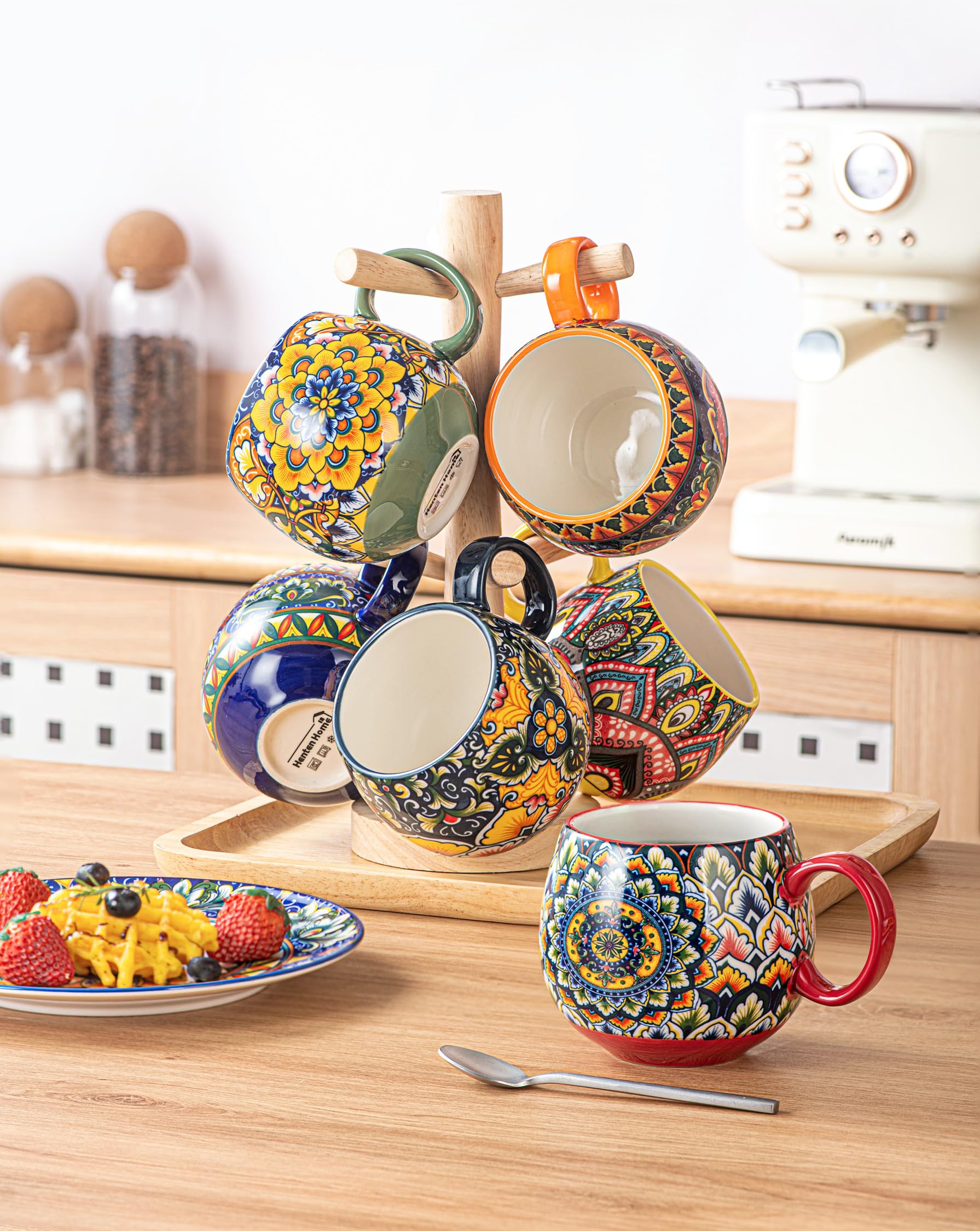 Koffiekopjes set 6-delig, set met handvat, 400ML koffiebeker porselein, porseleinen kopjes voor thee, koffie, melk, cappuccino, kleurrijk, 6-pack