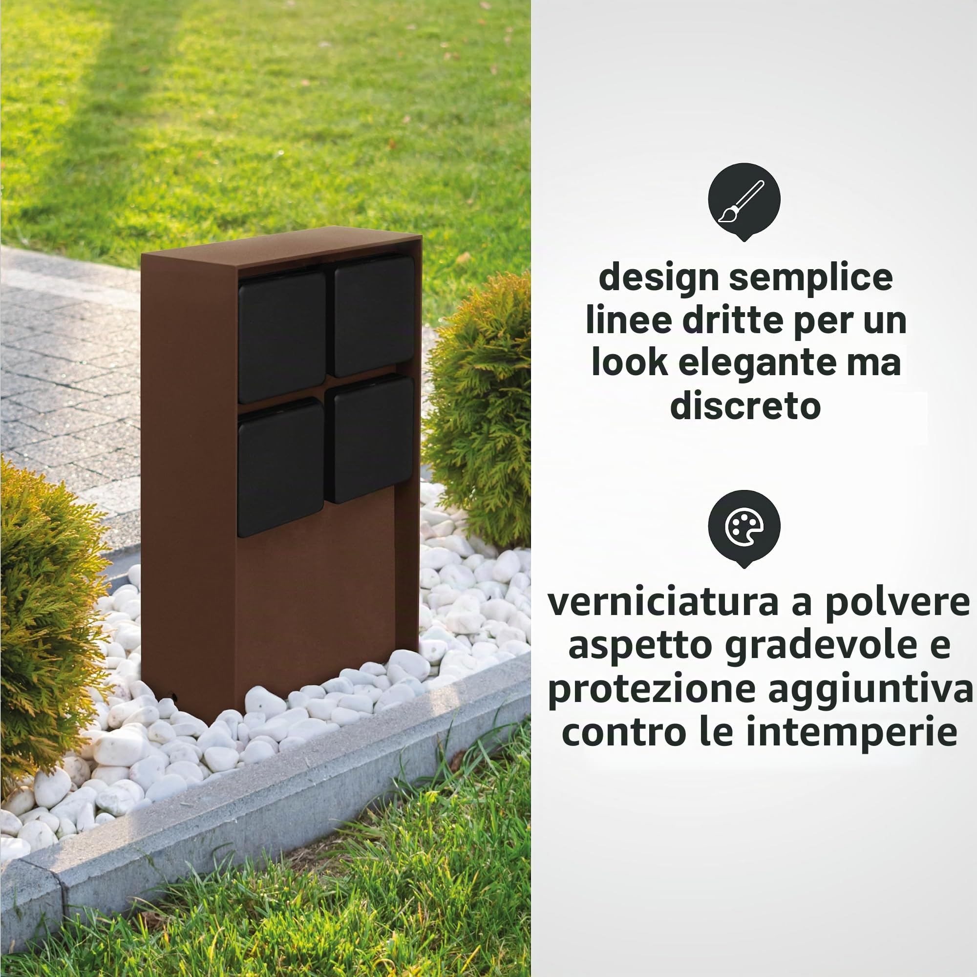 LED Universum Presa esterna ADAM, marrone ruggine con coperture nere, 4 scomparti, acciaio inox verniciato a polvere, cablata per il collegamento di attrezzi da giardino o illuminazione, max.