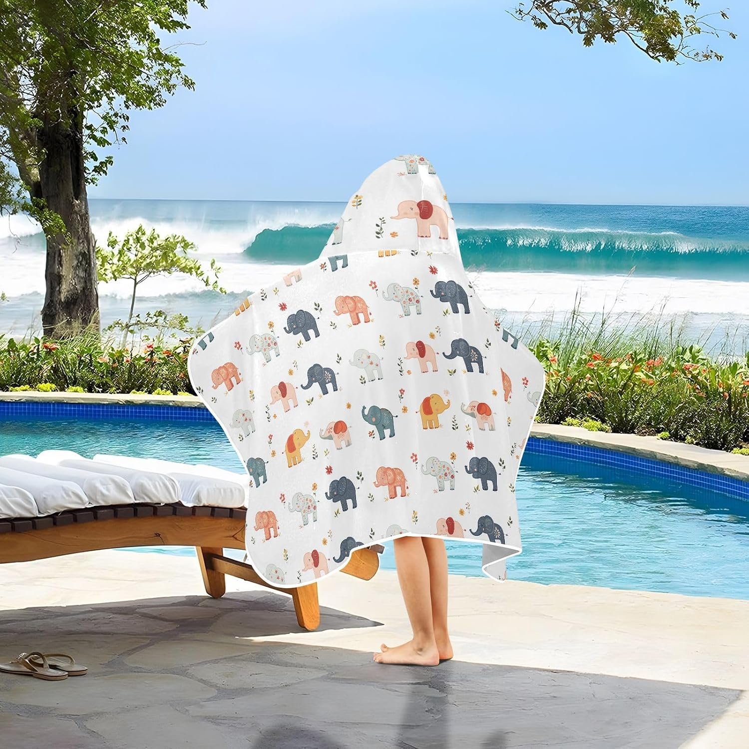 Hooded Beach Towel for Kids Cartoon Cute Elephant White Hooded Bath Towel for Girl Boy Soft Beach Towel with Hood