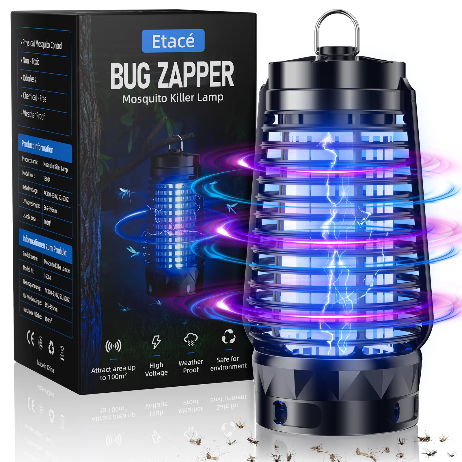 Insektenvernichter Elektrisch, UV-Lampe Stark Mückenfalle, IPX4 wasserdichte Mückenlampe, Fliegenfalle mit Aufhängehaken für Mücken,Motten,Fliege,Spinnen,Ungiftig Mücken-Killer für Innen-Außenbereich
