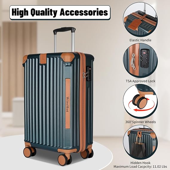 WireHot 22x14x9 Airline Approved Vintage Style Luggage Set with Backpack and Toiletry Bag, Free PVC Cover and Luggage Tag, Teal Blue, 20in/BP/TB, Vintage