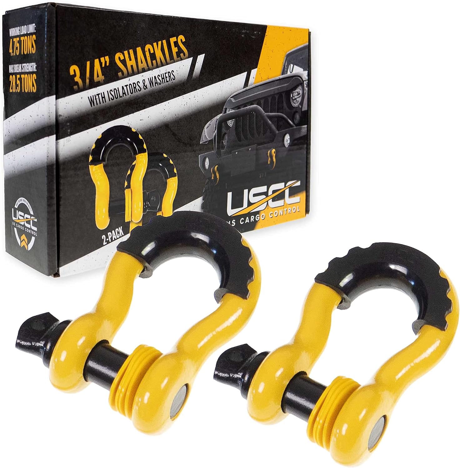 US Cargo Control D Ring Shackles 3/4 Inch (2 Pack) 57,000 lbs Break Strength, Screw Pin Tow Shackles with Isolator and Silicone Washers for Tow Strap, Off Road Vehicle Recovery Shackles, Yellow/Black