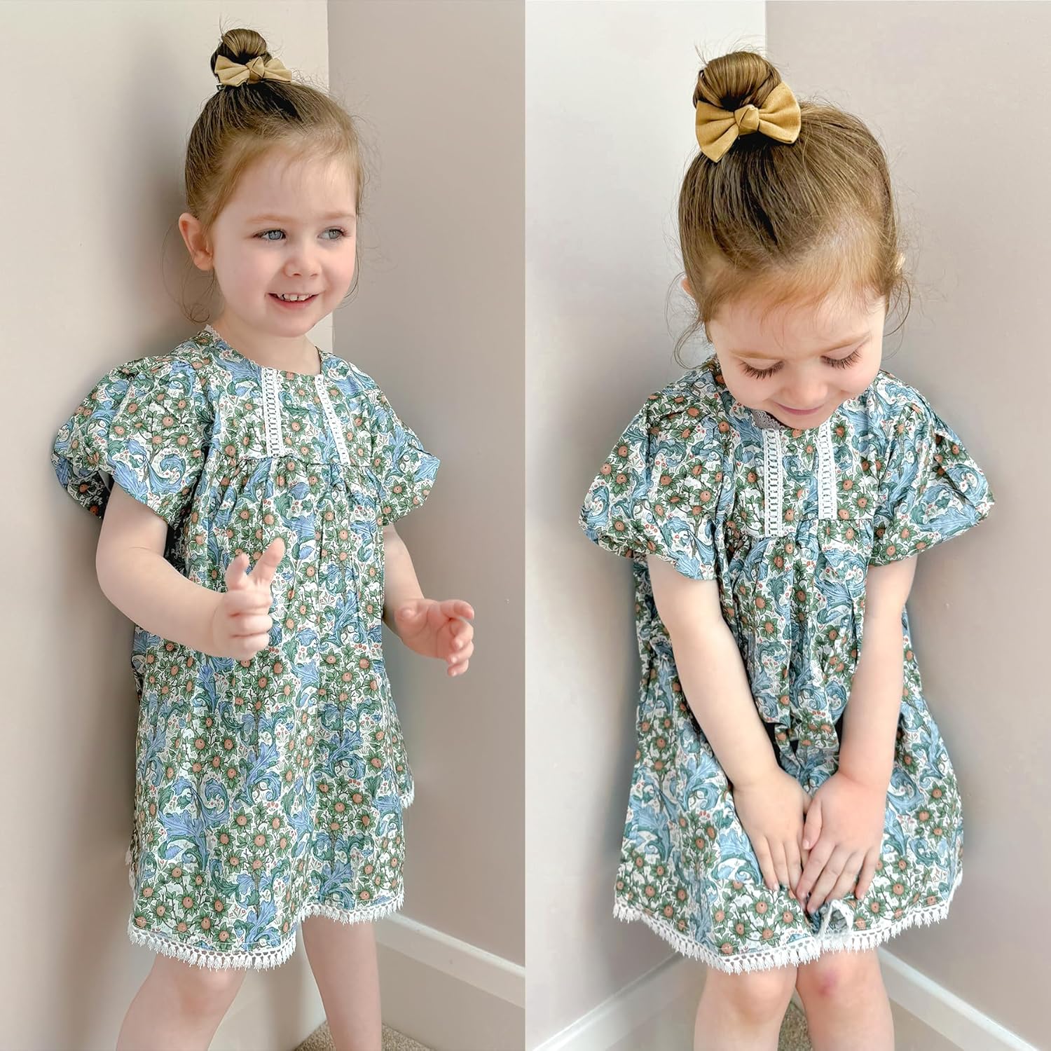 Curipeer Toddler Girls Short Sleeve Floral Dress Handmade Smock Toddler Outfit Dress for Spring and Summer Green 5T - Image 6