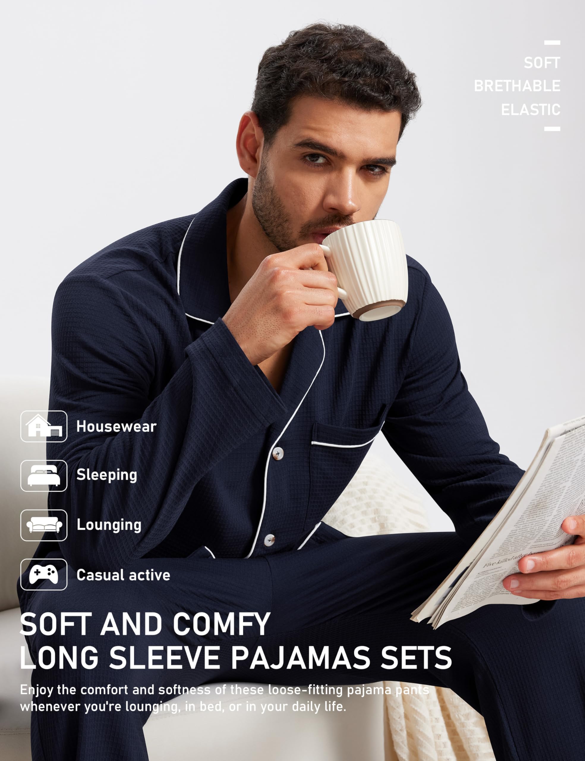 MoFiz Pigiama Uomo Cotone Modal Lungo Pigiami Due Pezzi Invernale Manica Lunga Pigiama Aperto Davanti Bottoni Morbido ed Elegante Abbigliamento da Notte Casa M-4XL
