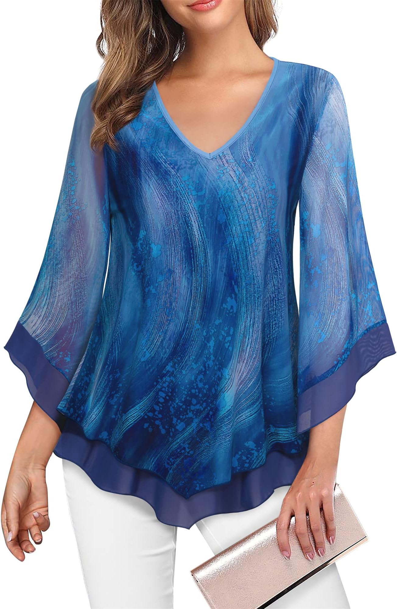 Lotusmile Womens Dressy Blouse Double Layers Mesh Shirt Ruffle 3/4 Flared Sleeve Tunic Tops, Starry Blue, X-Large