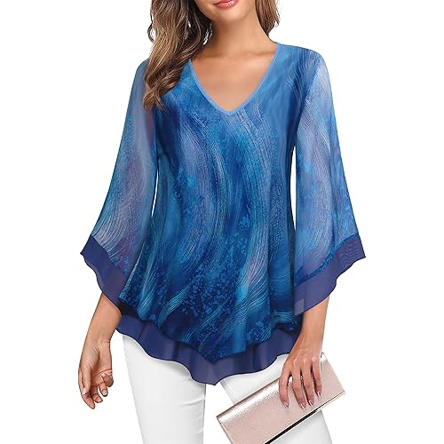 Lotusmile Womens Dressy Blouse Double Layers Mesh Shirt Ruffle 3/4 Flared Sleeve Tunic Tops