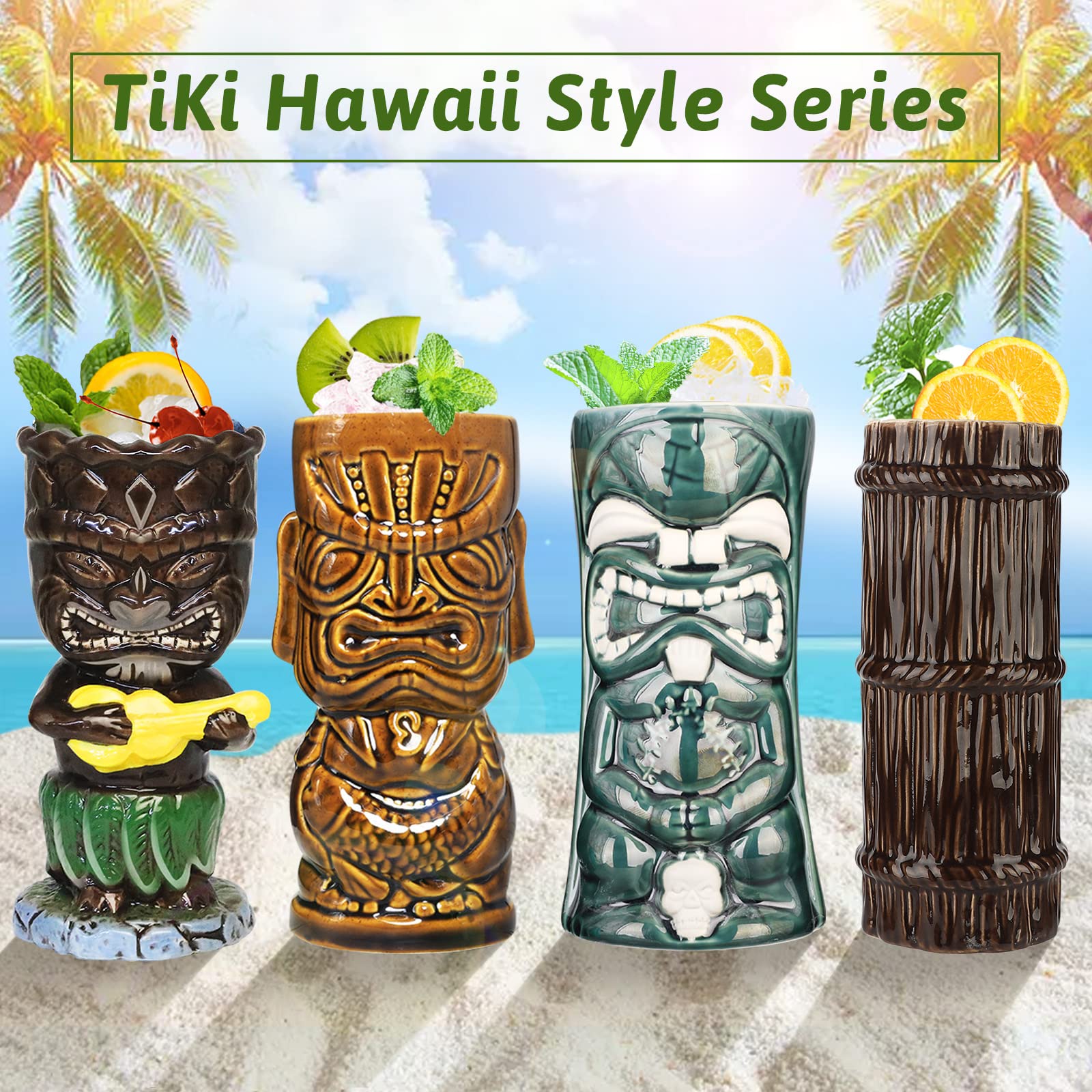 SuproBarware Juego de 8 vasos de cóctel Tiki de cerámica colorida, decoración de fiesta hawaiana para fiestas exóticas
