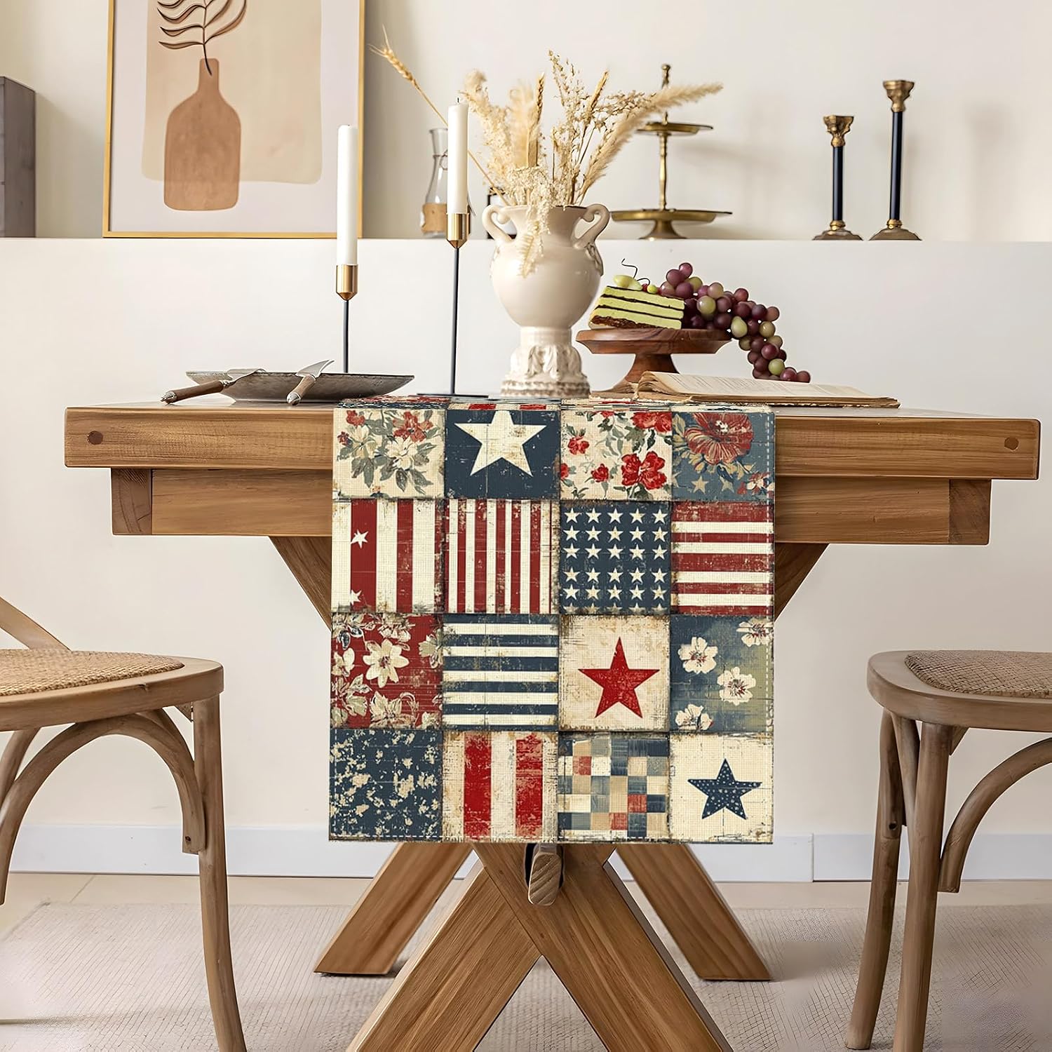 Vintage 4th of July Table Runner Retro Patchwork American 250th Anniversary Memorial Independence Day Patriotic Party Decoration Home Kitchen Table Decor，13" x 72"