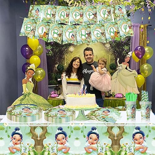 Miniatura 7 de Decoraciones de fiesta de cumpleaños de princesa Tiana, vajilla de fiesta de Rana Tiana con pancarta de feliz cumpleaños, mantel, platos de papel