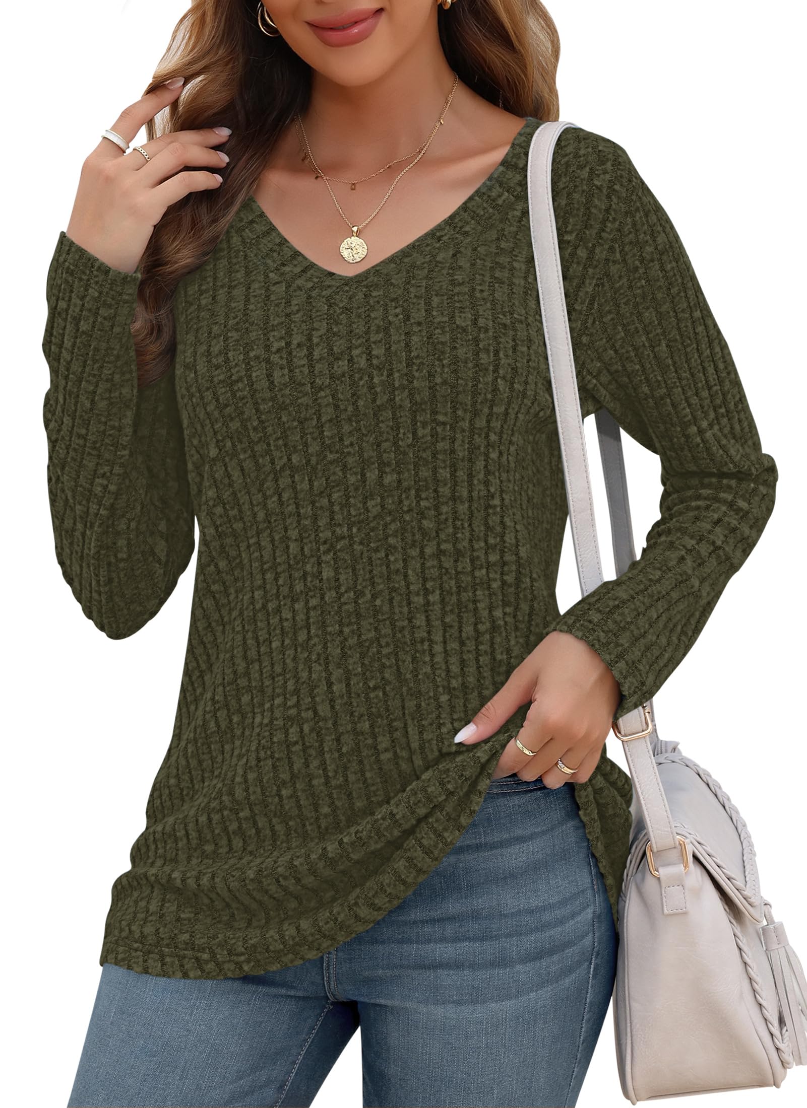 AUSELILY Maglioni a Maniche Lunghe da Donna Pullover Leggero Maglioni con Scollo a V Felpe Casual Top a Maniche Lunghe