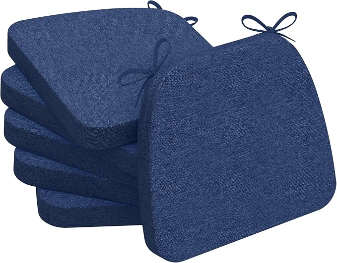 AAAAAcessories D-Shaped Chair Cushions, 2" Thick Dining Chair Pads with Ties and Removable, Machine-Washable Cover, 17" x 16", Set of 4, Blue