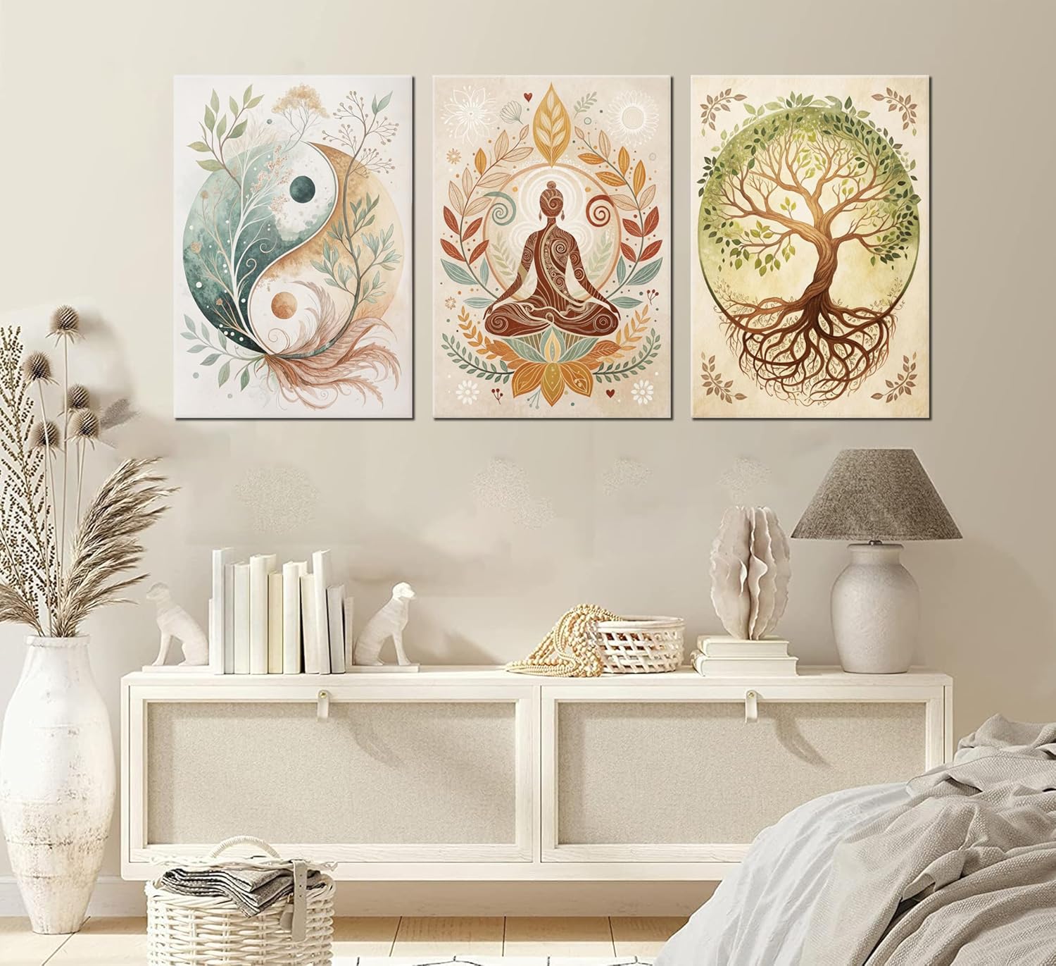 3 Pcs Tree of Life Canvas Wall Art Lotus Zen Painting Pictures Wall Decor Yin Yang Taichi Spiritual Prints Posters for Living Room Yoga Room Hotel Bedroom Home Decor 16x24in Framed