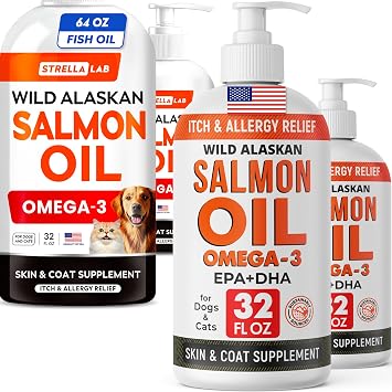 STRELLALAB Wild Alaskan Salmon Oil Bundle Omega 3 for Skin, Coat, Itch & Shedding Relief + Hip & Joint Support EPA & DHA Fatty Acids 128 Fl Oz Liquid Total 4-Pack Made in USA