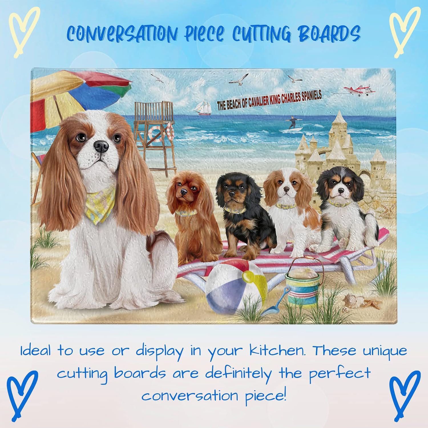 Pet Friendly Beach Cavalier King Charles Spaniel Dogs Cutting Board For Kitchen - Scratch & Stain Resistant - Designed To Stay In Place - Perfect for Chopping Meats, Vegetables - 16" x 12"