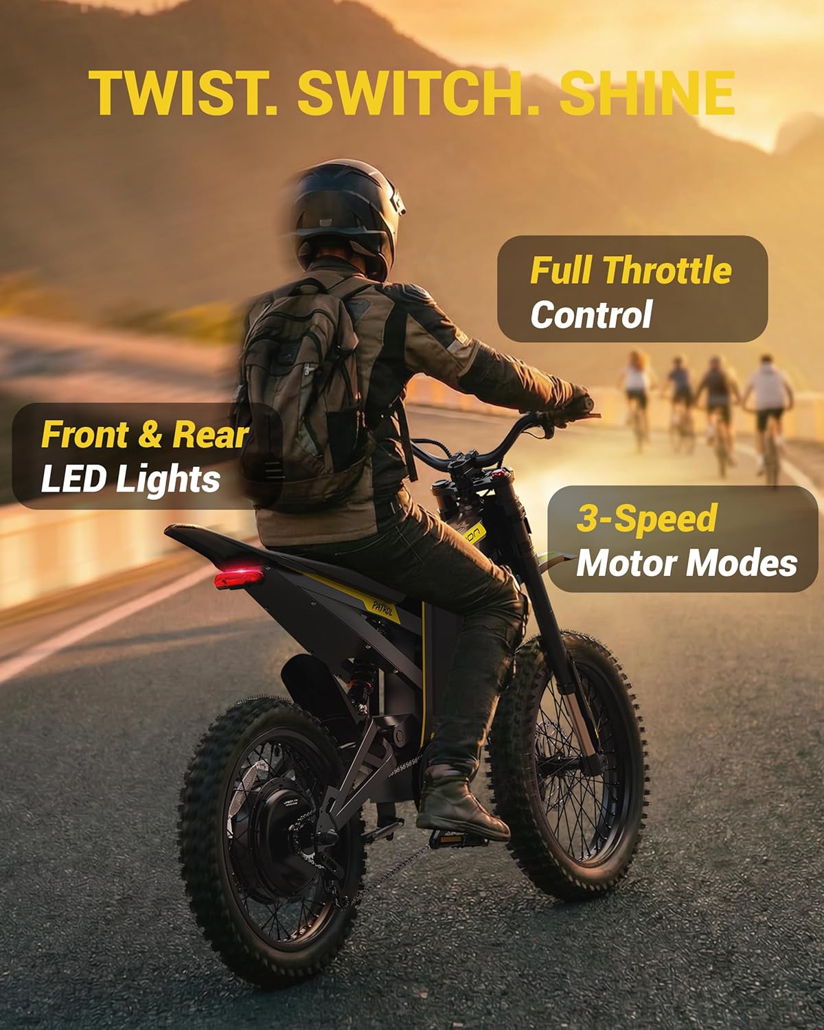 Jasion Patrol Electric Dirt Bike for Adults&Teens,4000W Peak 40MPH Electric Bike with 52V 30AH 1560Wh Battery E Dirt Bike,50-Mile Range,19''/17''Off-Road Tires,Full Hydraulic Brakes&Dual Suspension