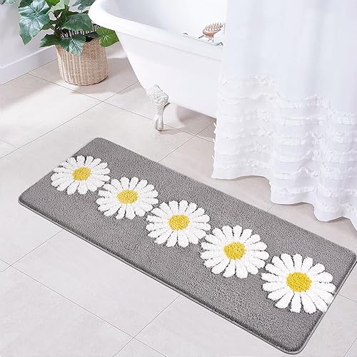 Miniatura 8 de Alfombra de pasillo de baño, bonita alfombra de baño larga con margaritas, alfombra de baño bohemia con flores grises y amarillas, extra suave,