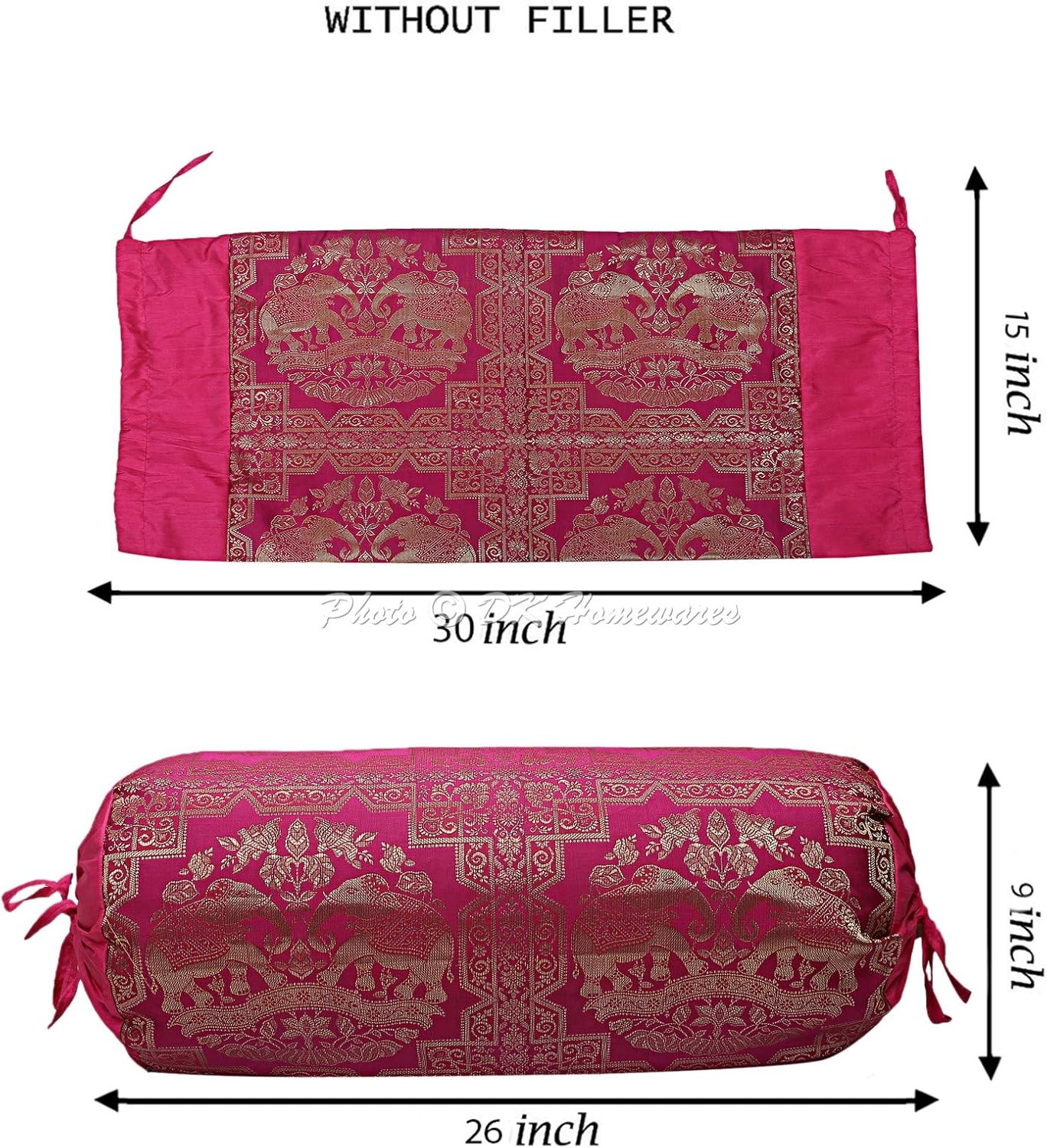 Ethnic Living Room Decorative Bolster Yoga Round Pillow Cover Cylindrical Hotdog Pink Tube Massand Jacquard Brocade Silk Elephant Traditional Throw Pillowcase 76x38 cm - Set of 2 Pcs