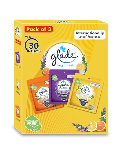 Glade Hang-it Fresh Pack of 3: Fruity, Lavender,Lemon-Internationally Loved Fragrances| Lasts Upto 30 Days| Air Freshener for Home | Room Freshener Pocket Gel for Bathroom, Car, Closet, Toilet