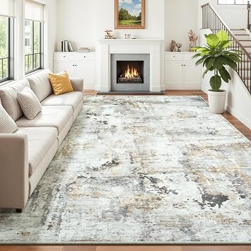 9x12 Area Rugs for Living Room, Large Washable Rug, Brown/Grey | Stays Put During Vacuuming; Spill & Stain Resistant; Machine Washable; Non-slip; Soft Neutral Abstract Carpet for Dining Room