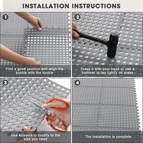Drydiet 8 Pack Drainage Tiles Modular Interlocking Floor Tiles with 1 Pc Plastic Hammer 12 x 12 Cushion Mat Non Slip Rubber Floor mat with Holes for Pool Bathroom Deck Kitchen Patio (Gray)
