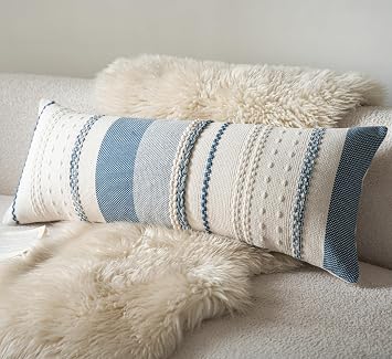 Cethom Boho Lumbar Pillow Covers 14x36 Inch Long, Blue Textured Decorative Couch Pillow Cases for Farmhouse Home Decor, Accent Cushion Cover for Sofa, Bed, Living Room, Bedroom, Pack of 1