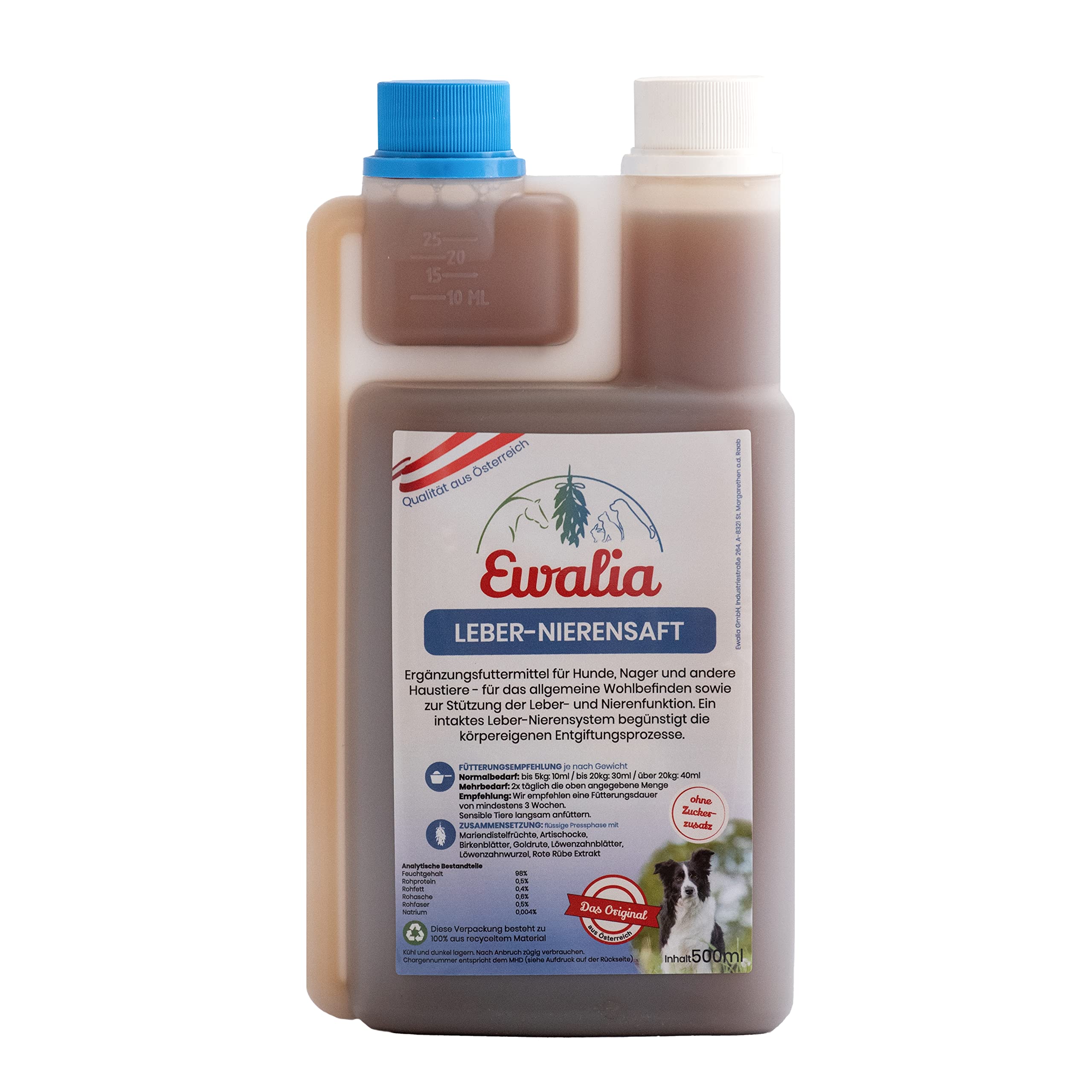 EWALIA Leber-Nierensaft | 500 ml | Ergänzungsfuttermittel für Hund & andere Haustiere | Mit Mariendistel