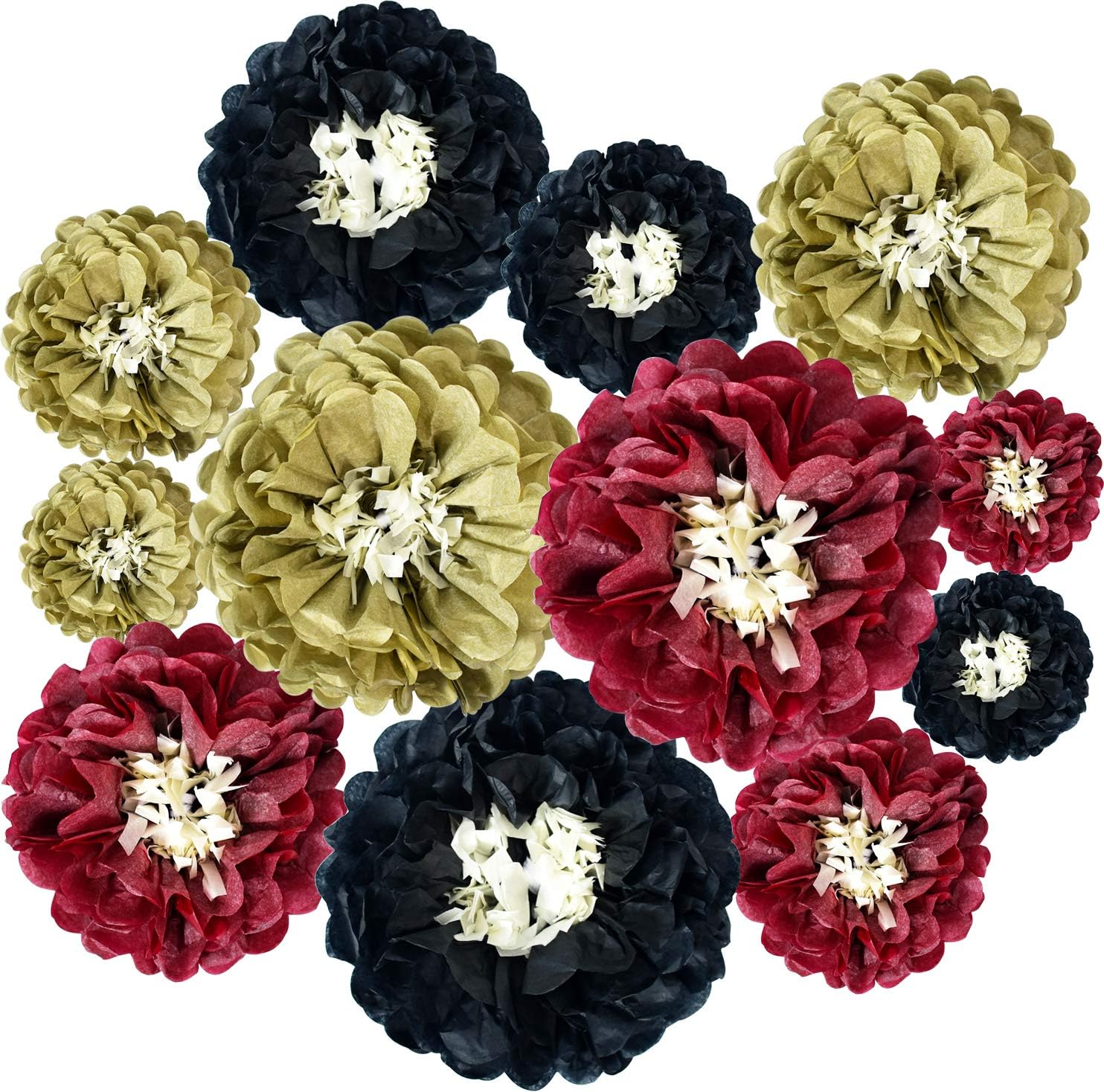 BEISHIDA Red Gold Black Hanging Tissue Paper Flowers Paper Chrysanth Flowers DIY Crafting for Halloween Wedding Birthday Baby Shower Backdrop Nursery Christmas Xmas Wall Party Decoration（12 Packs）