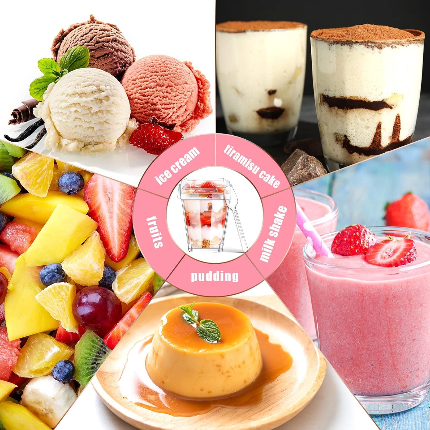 40 tazze da dessert trasparenti, con coperchio e cucchiaio, 5 oz/160 ml, riutilizzabili, per dessert di famiglia, budini, mousse e feste di gelato