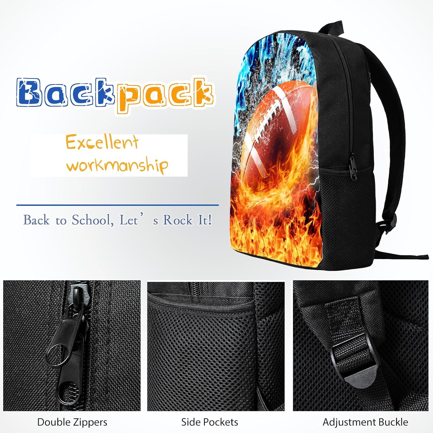 3PCS Football Backpack Set for Boys, Lightweight Large Backpack with Lunch Box & Pencil Case, Cool Sport Bookbag for Kids, Back to School Backpacks for Elementary & Middle School - 01 - Image 5