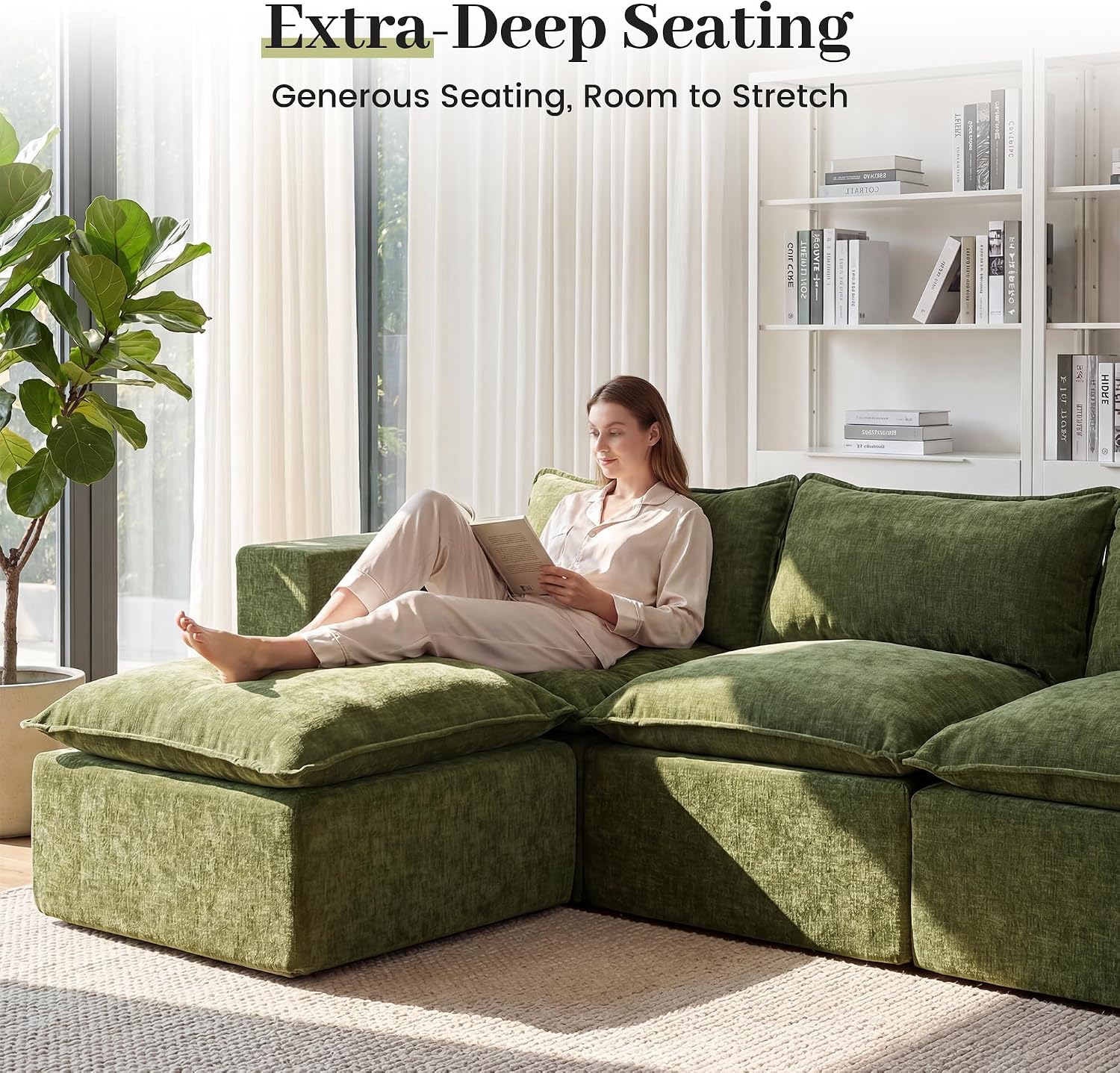 Apicizon 101" Boneless Sectional Couch for Living Room, L Shaped Sectional Sofa Cloud Couch with Ottoman, Modular Sleeper Sofa for Apartment，No Assembly Required, Green