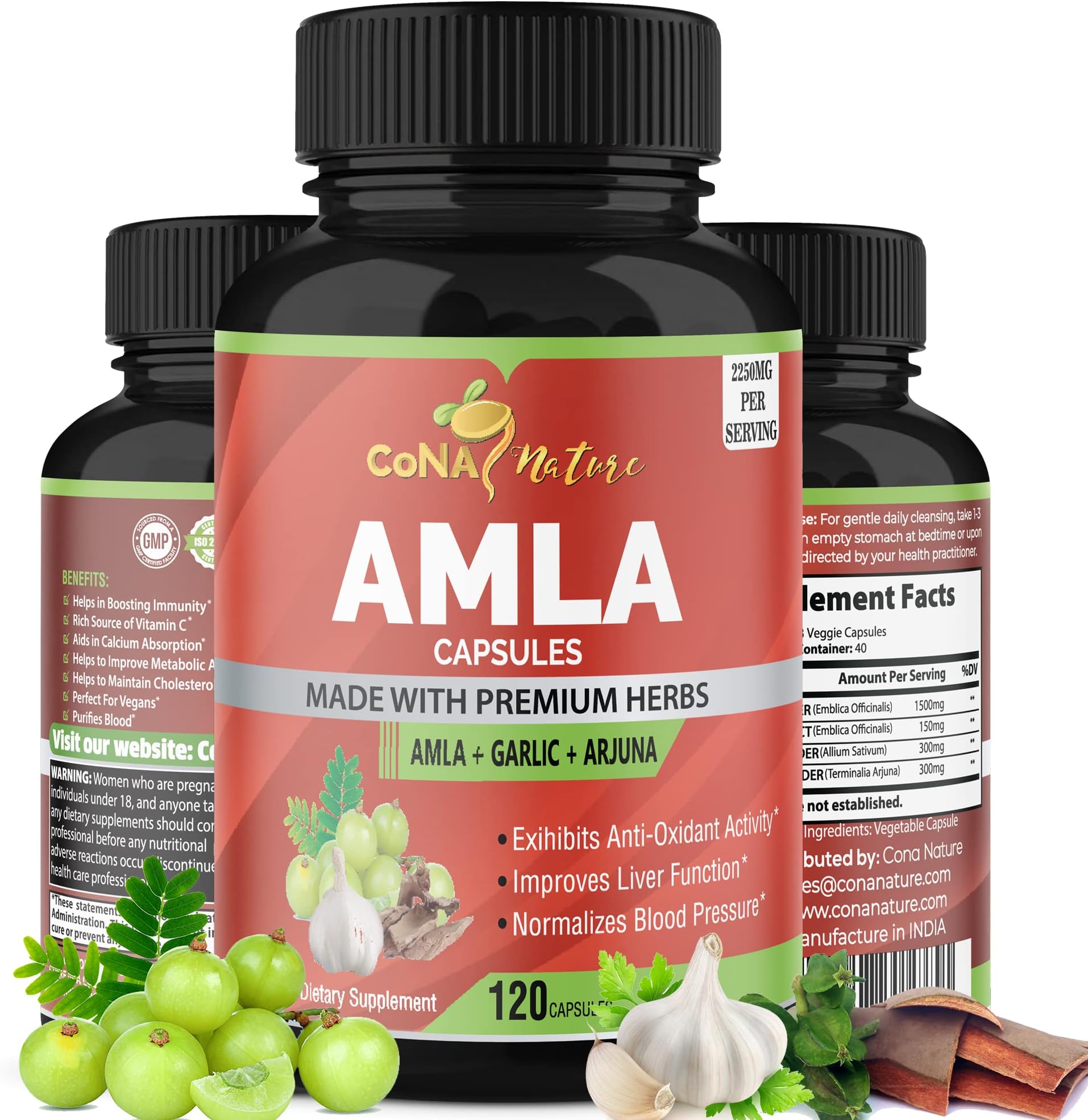 Organic Amla Capsules 2250mg & Arjuna, Garlic |Natural Vitamin C Supplements, High Antioxidants, Rejuvenator |Supports Immunity, Energy Booster |Gluten Free Vegan India Amalaki Extract Fruit, 120 Caps