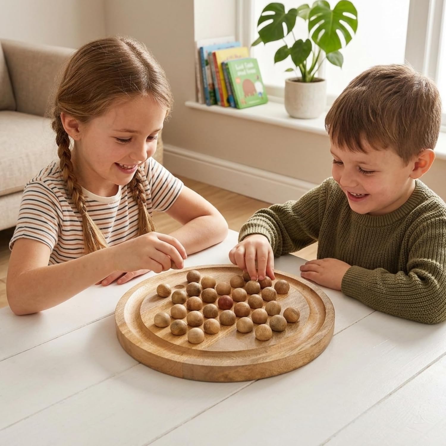 Ajuny Wooden Solitaire Board Game 10.8 Inch – Handmade Peg Solitaire Strategy Puzzle, Classic Single Player Marble Chess Brain Teaser Mind Game for Kids & Adults, Decorative Tabletop Games
