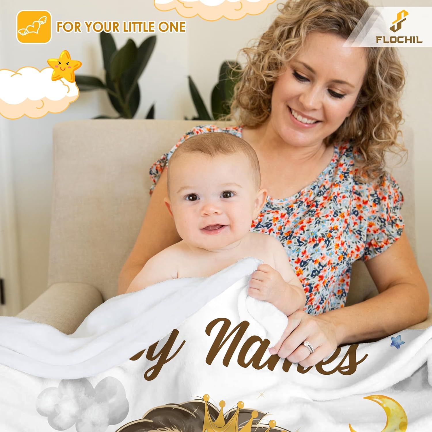 FLOCHIL Personalized Baby Blanket for Boys, Custom Baby Blanket with Name, Customized Lion Baby Blanket, Gift for Baby Shower, Toddler, Babies, Newborn