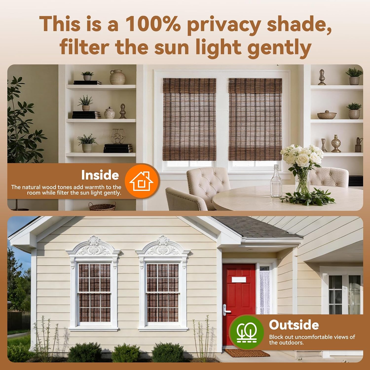 No Drill Cordless Bamboo Roman Shades, Walnut, 30x64 image 2