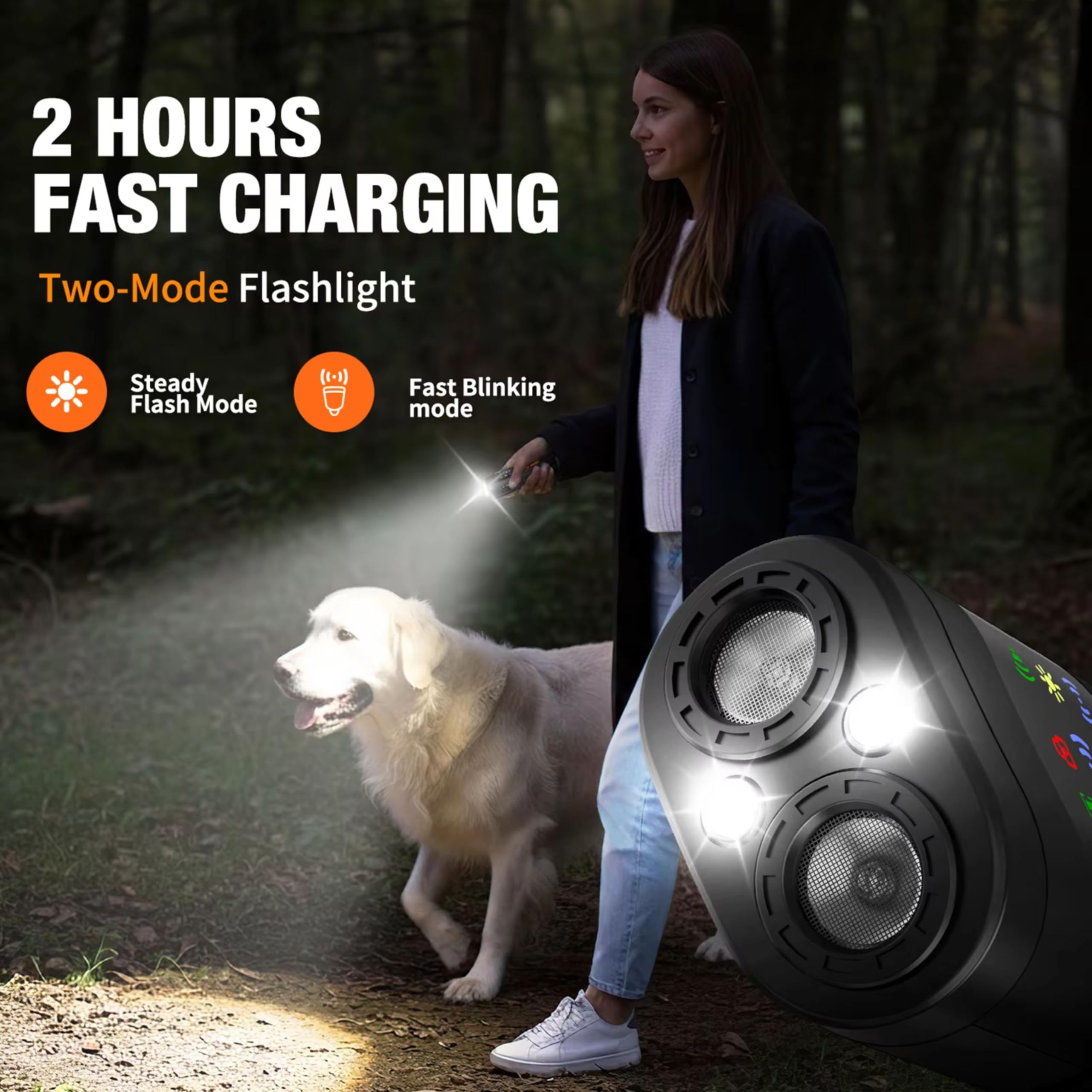 Ultraschall-Anti-Bell-Gerät für Hunde mit 2 Strahlern, 15–30 kHz Frequenz, 4 Modi (Sound/Ultraschall/Taschenlampe), wiederaufladbares 1200 mAh Hand-Bell-Abschreckgerät mit LED und 7 m