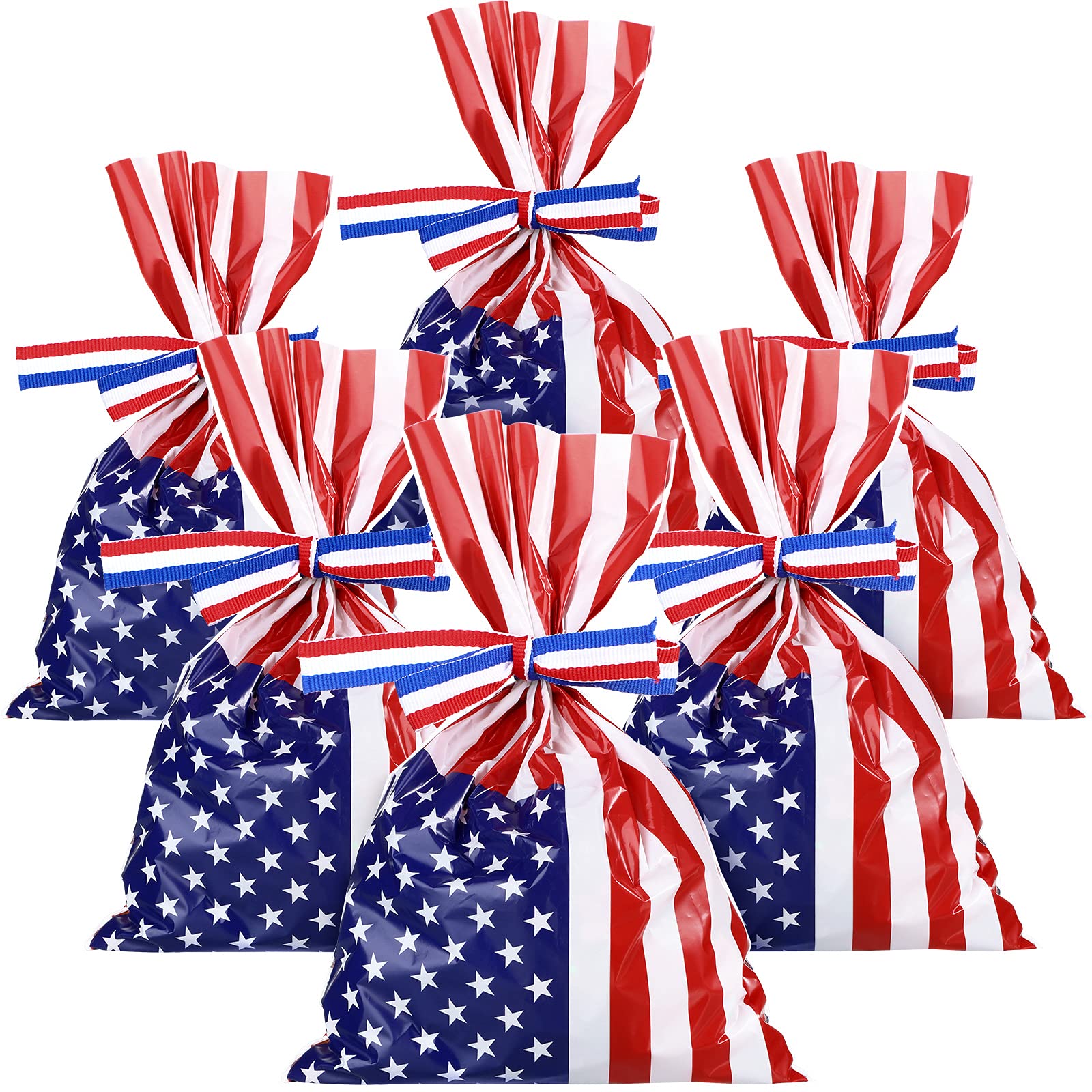 Tenare 200 Pcs Patriotic Gift Cellophane Bags Bulk Plastic Red White Blue American Favor Flag Cellophane Bags 4th of July Treat Goodie Candy Pouches