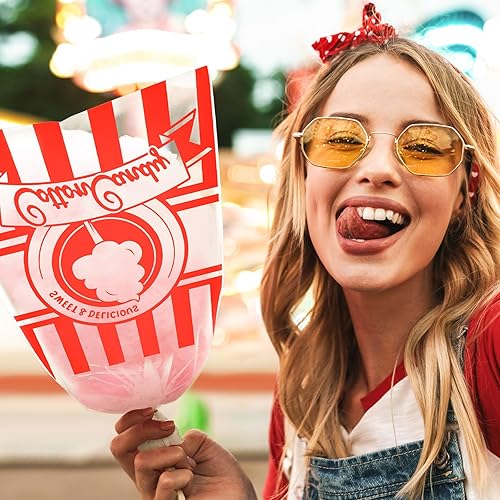 Miniatura 6 de Geyee 500 bolsas de algodón de azúcar con lazos, bolsas grandes de algodón transparente con estampado de rayas, perfectas para carnavales, fiestas