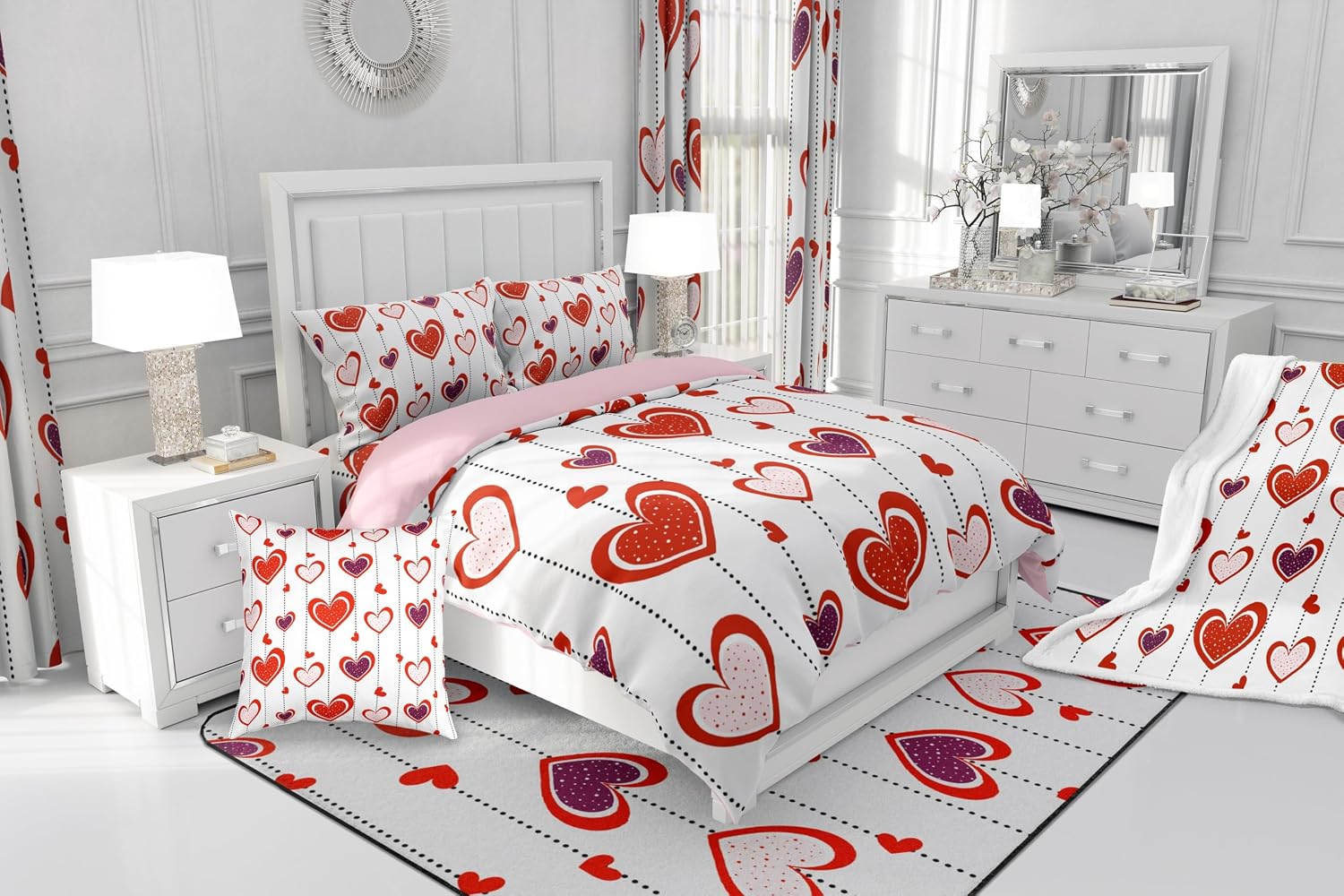 Castle Fairy Heart Print Duvet Cover Set Toddler Size,Romantic Valentine's Day White Reversible Quilt Cover for Kids Boys Girls Colorful Dots Stripes Bedding Set with 1 Pillowcase,No Comforter