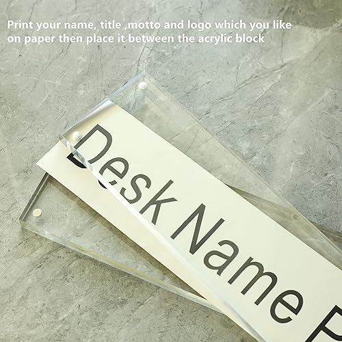 Miniatura 4 de IEEK Placa de nombre de escritorio de acrílico, soporte de doble cara con bloque de acrílico transparente, nombre personalizado, 2.5 x 10 pulgadas
