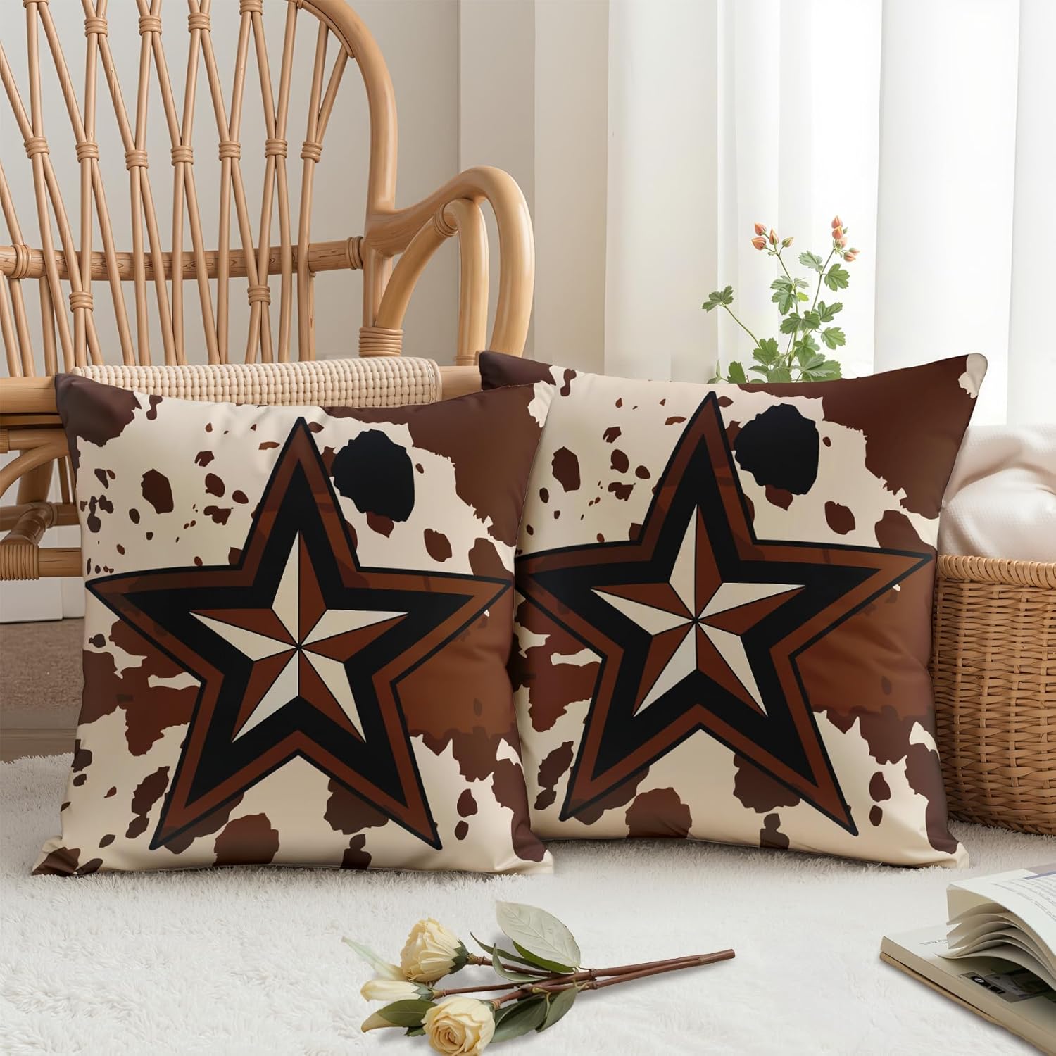 Western Throw Pillow Covers - 16x16 Pillow Cases Set of 2, Texas Star Cowboy Cabin Brown Couch Pillowcases Double Sided Print for Living Home Decor