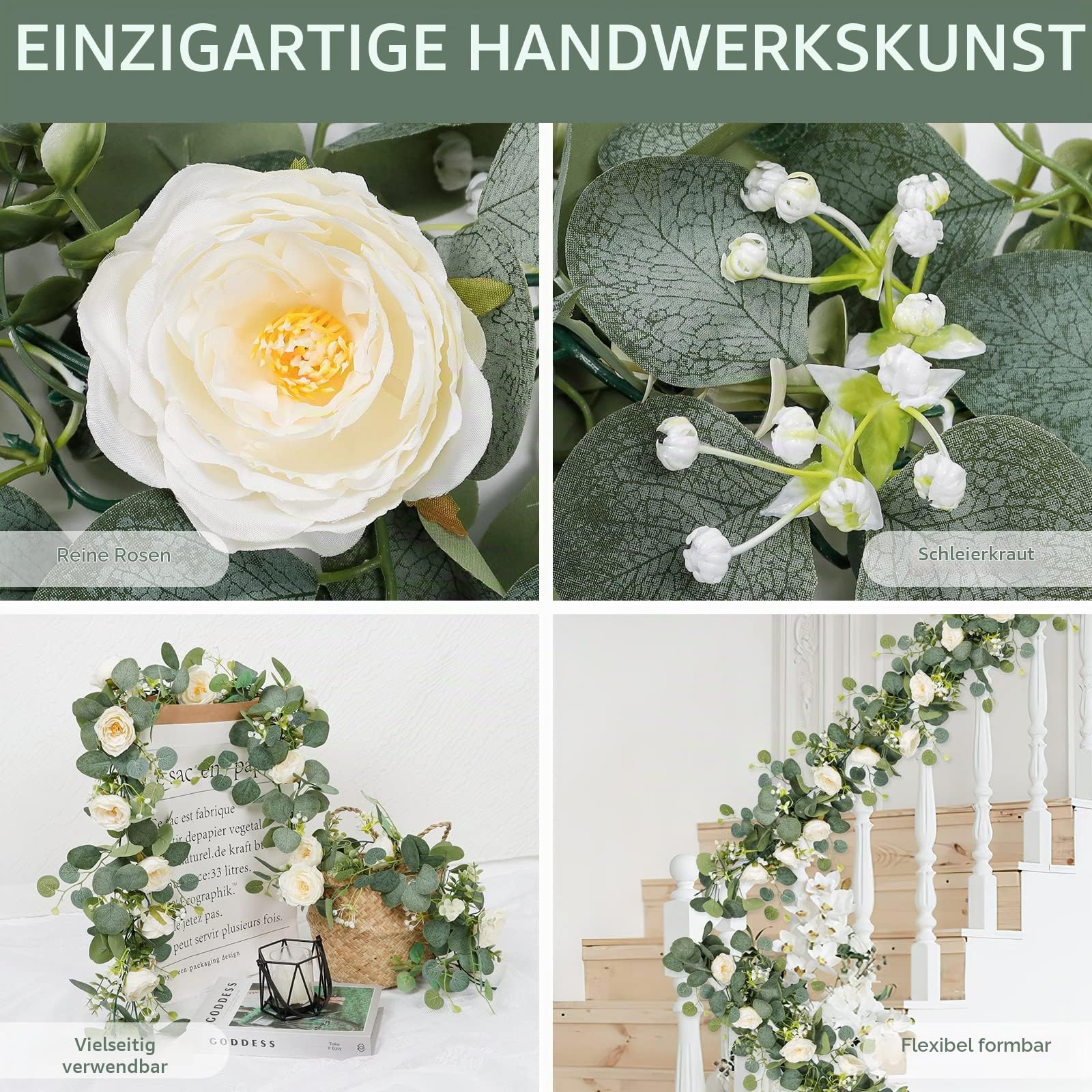 Betylifoy Künstliche Blumengirlande Hochzeit Eukalyptus Girlande 4 Stück | Blumengirlande Weiß 180cm Kunstblumen Rosenrebe Girlanden Künstliche Pflanze für Hintergrund Party Dekor